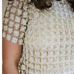 NWT Mod On Trend Pearl Beaded Crochet Blouse | Sheer Floral Overlay Top Size L